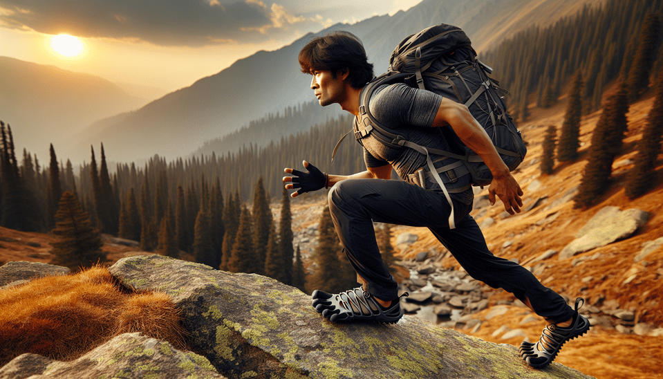 A man wearing five finger shoes is hiking text effect image