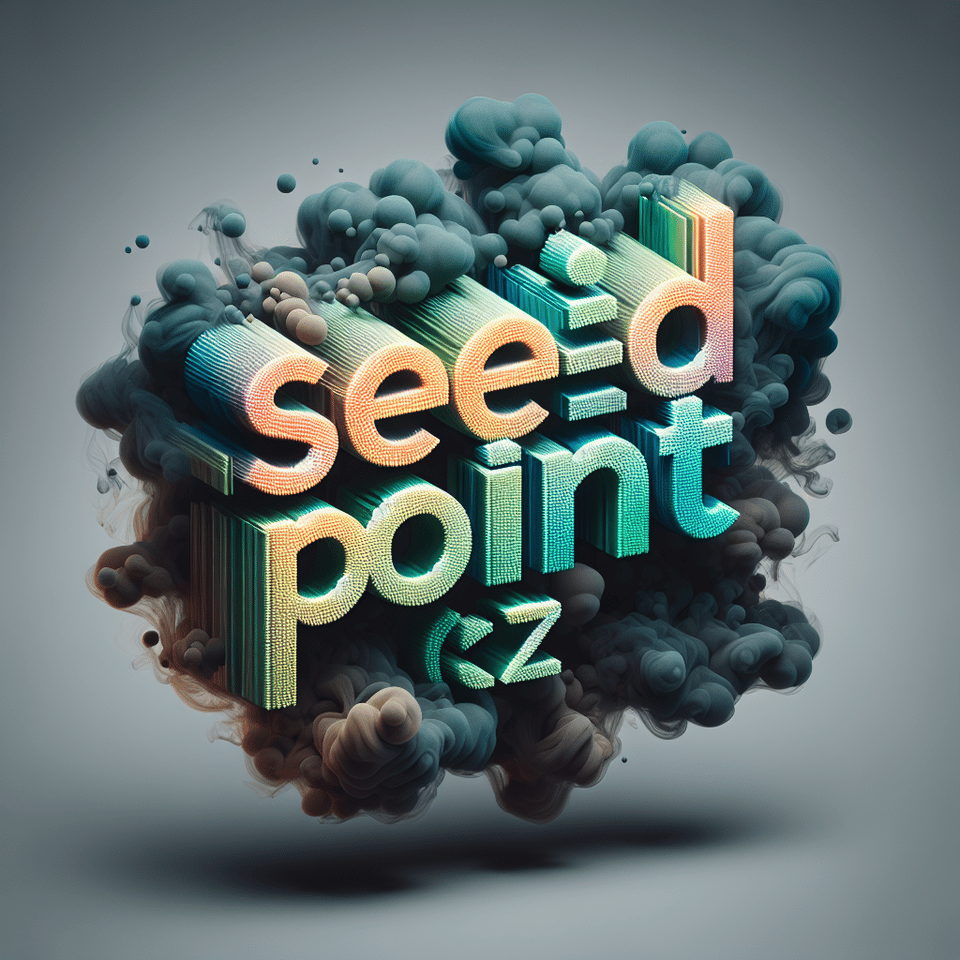 Text SeedPoint.cz colorful splash , mostly grey and green 3d text and smoky transparent background, Realistic detailed view. text effect image
