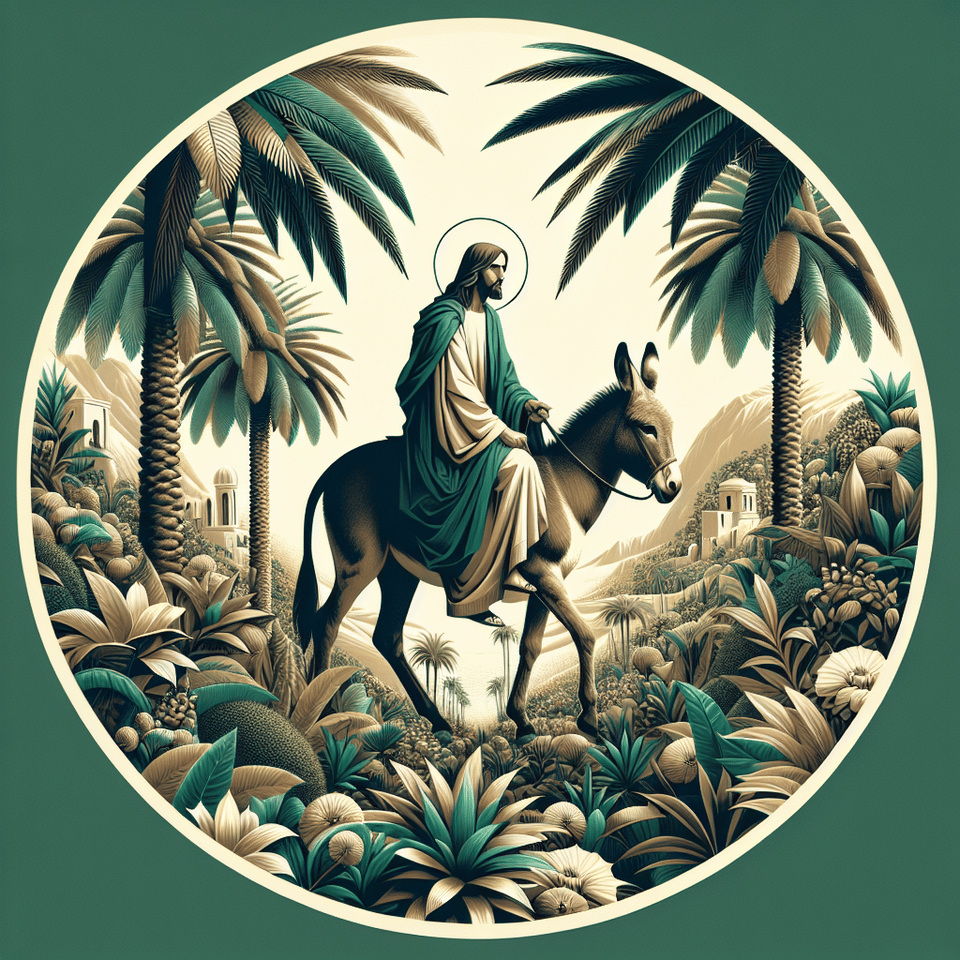 Decorated with palm trees and Jesus riding on a donkey, typography, photo, poster text effect image