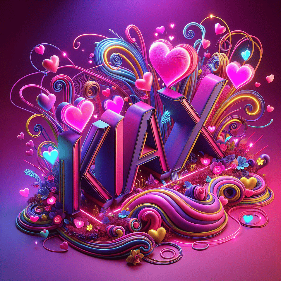 Name Kax written on the background, small colorful touches of 3D paint and with colorful flowers and pink and purple smoke included. Everything in front with hearts in neon, 3D rendering, 3k, 3d render text effect image