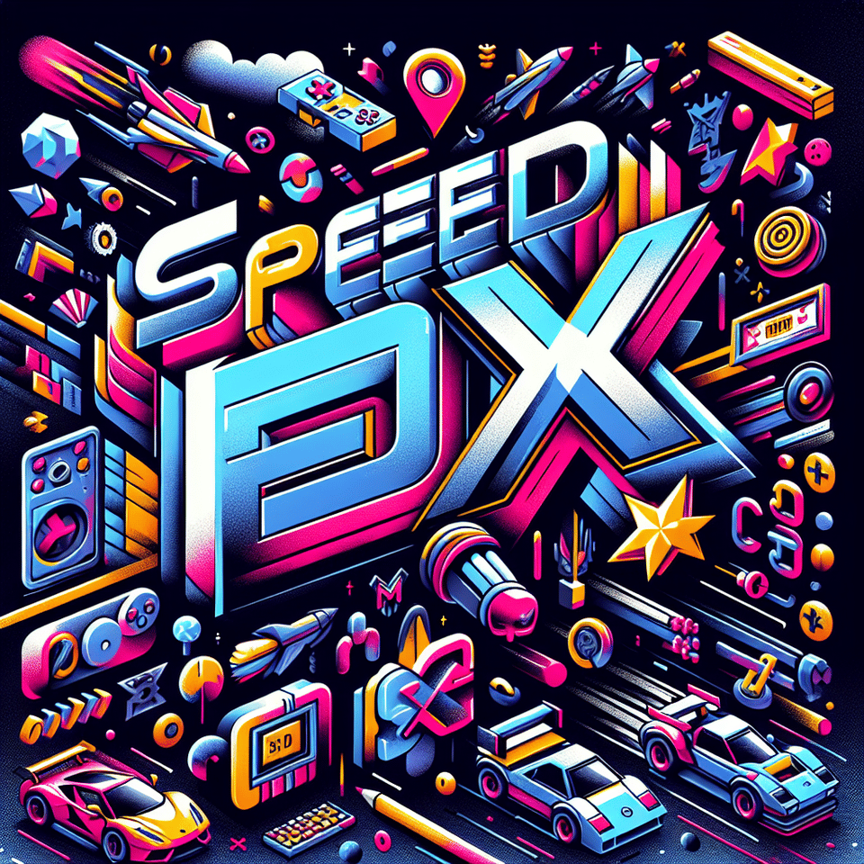 Choose an epic and bold font for SPEED X that reflects the excitement of ANIMATION. Add gaming-related accents or symbols around the letters, 3d render, typography, illustration, photo text effect image