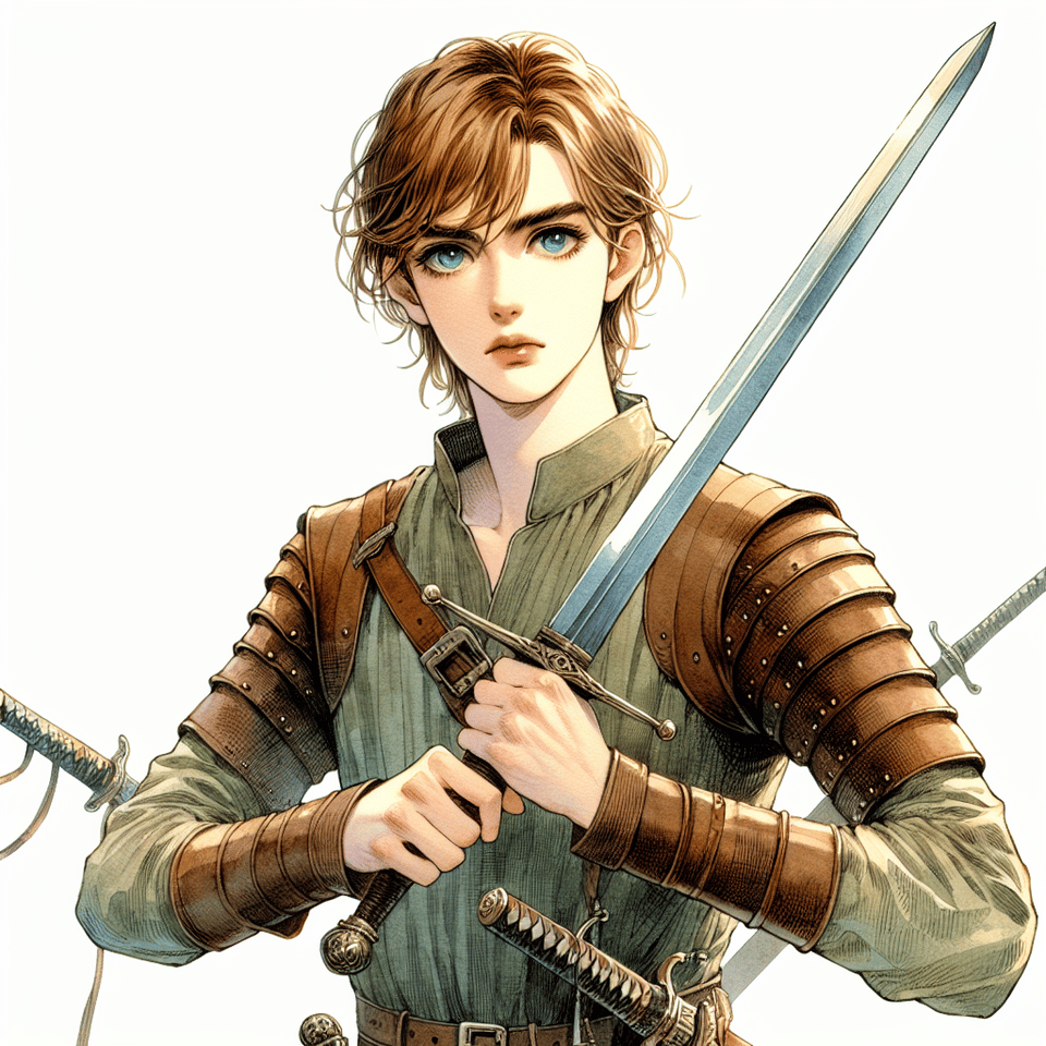 Middle ages, warrior, teen, two hand holding two sword, Middle ages, beauty face, wear light leather, full body, Gold brown hair, Aquamarine eyes, Style by Record of Lodoss War, illustration text effect image