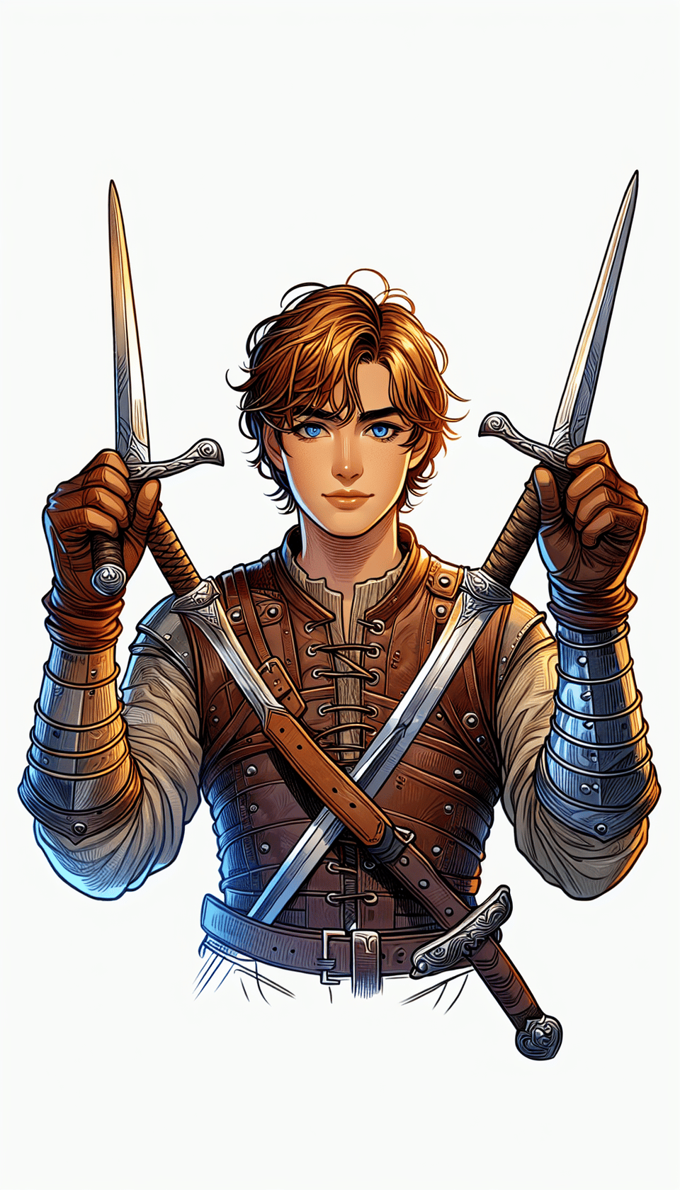Middle ages, warrior, teen, two hand holding two sword, Middle ages, beauty face, wear light leather, full body, Gold brown hair, Aquamarine eyes, Style by Record of Lodoss War, illustration text effect image
