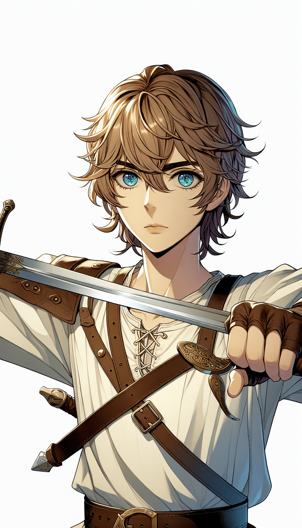 Middle ages, warrior, teen, two hand holding two sword, Middle ages, beauty face, wear light leather, full body, Gold brown hair, Aquamarine eyes, Style by Record of Lodoss War, illustration text effect image
