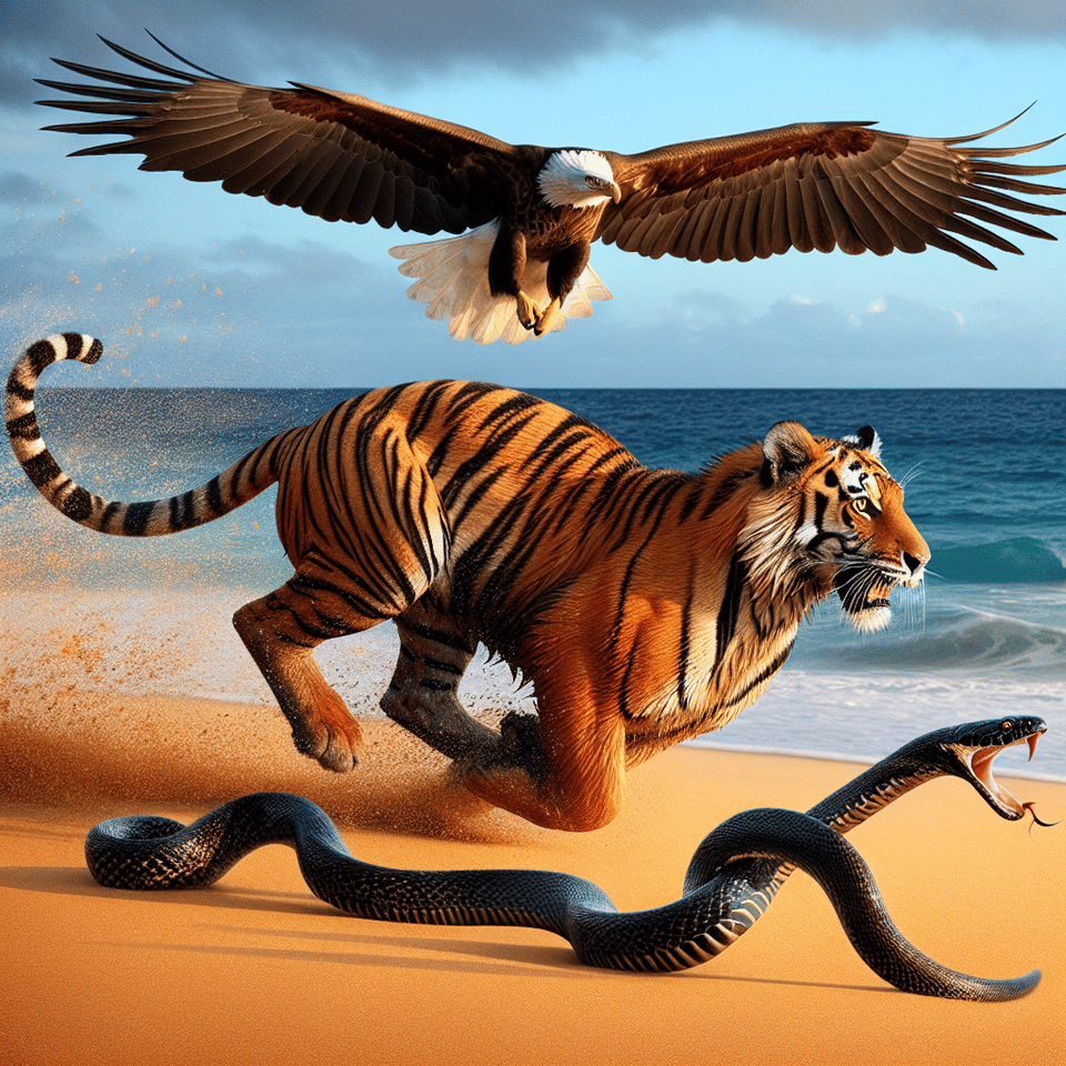 tiger running in near ocean for catching snake entered eagel text effect image