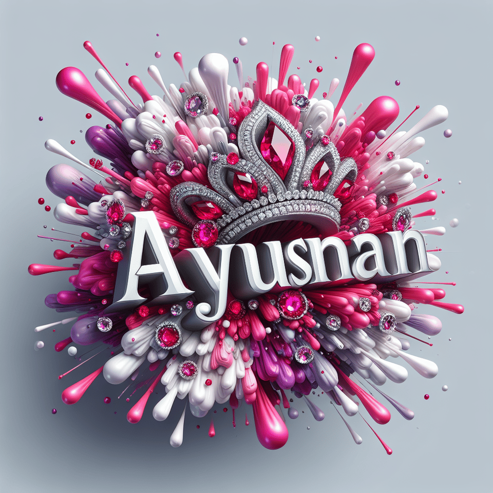 3D, colorful splash of pink and white, with the metallic text 'text/name ”Aayushmaan” written in diamonds. Include rubies and diamonds, have a crown on the letter Aa text effect image