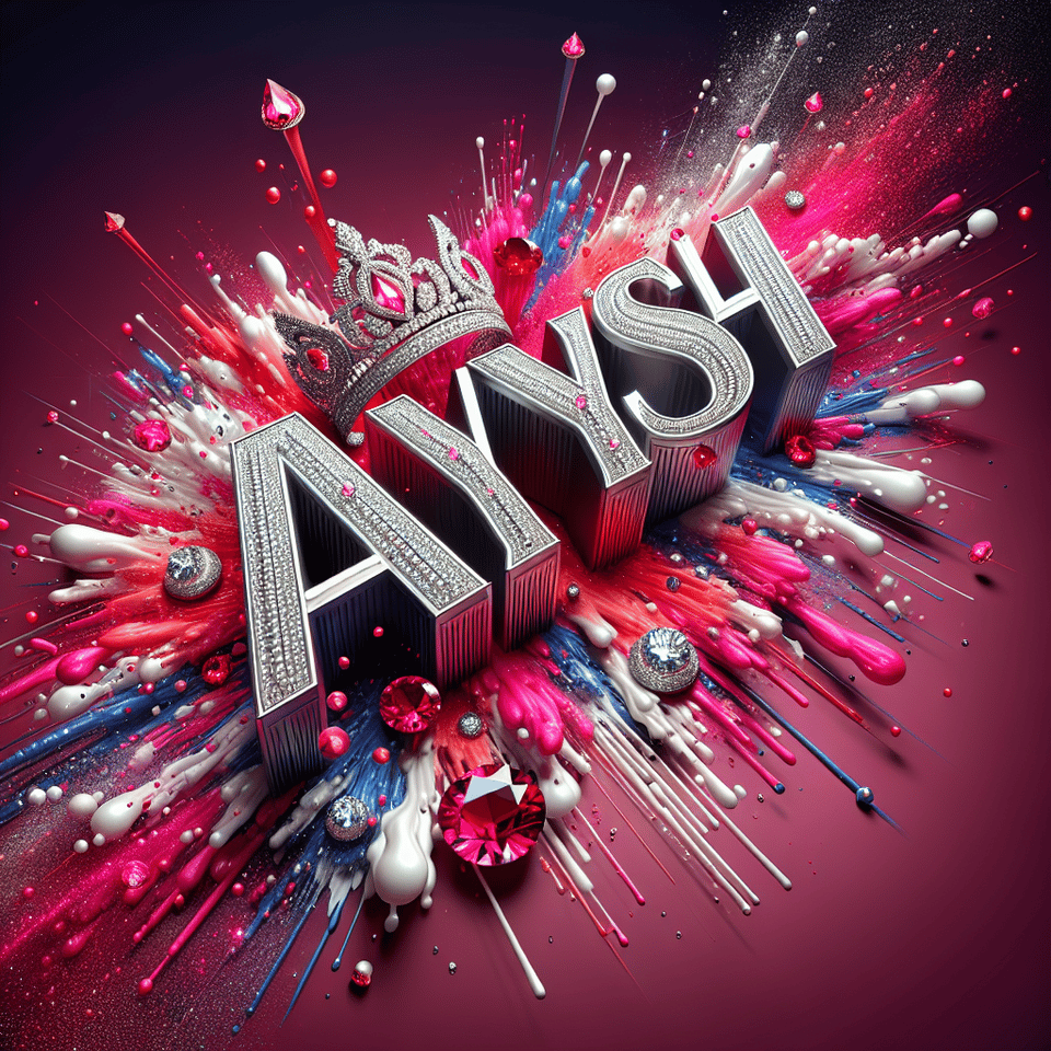 3D, colorful splash of pink and white, with the metallic text 'text/name ”Aayush” written in diamonds. Include rubies and diamonds, have a crown on the letter Aa text effect image