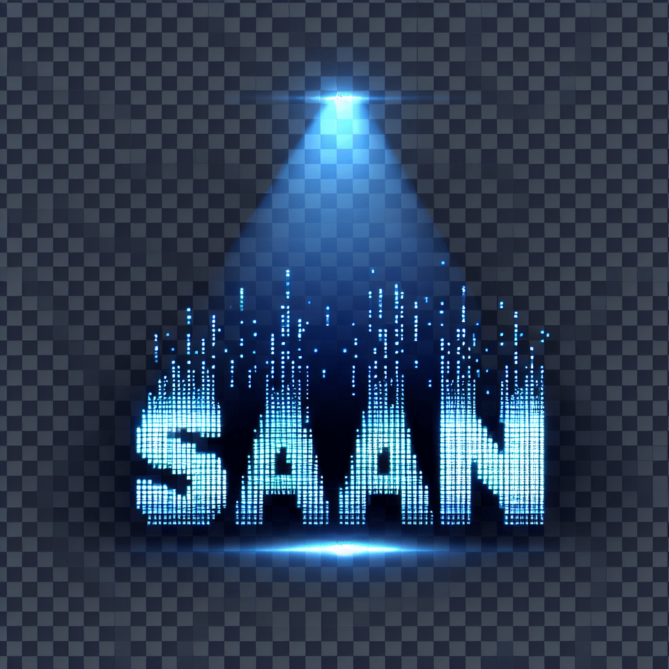 word 'scan' pixel shaped and shining with blue like a scanner lamp, transparent background text effect image