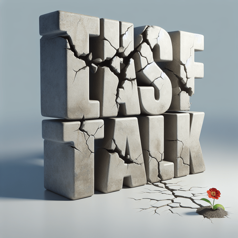 3D rendering of THE LAST TALK text with huge cracked cemented font with a tiny flower at the end. text effect image