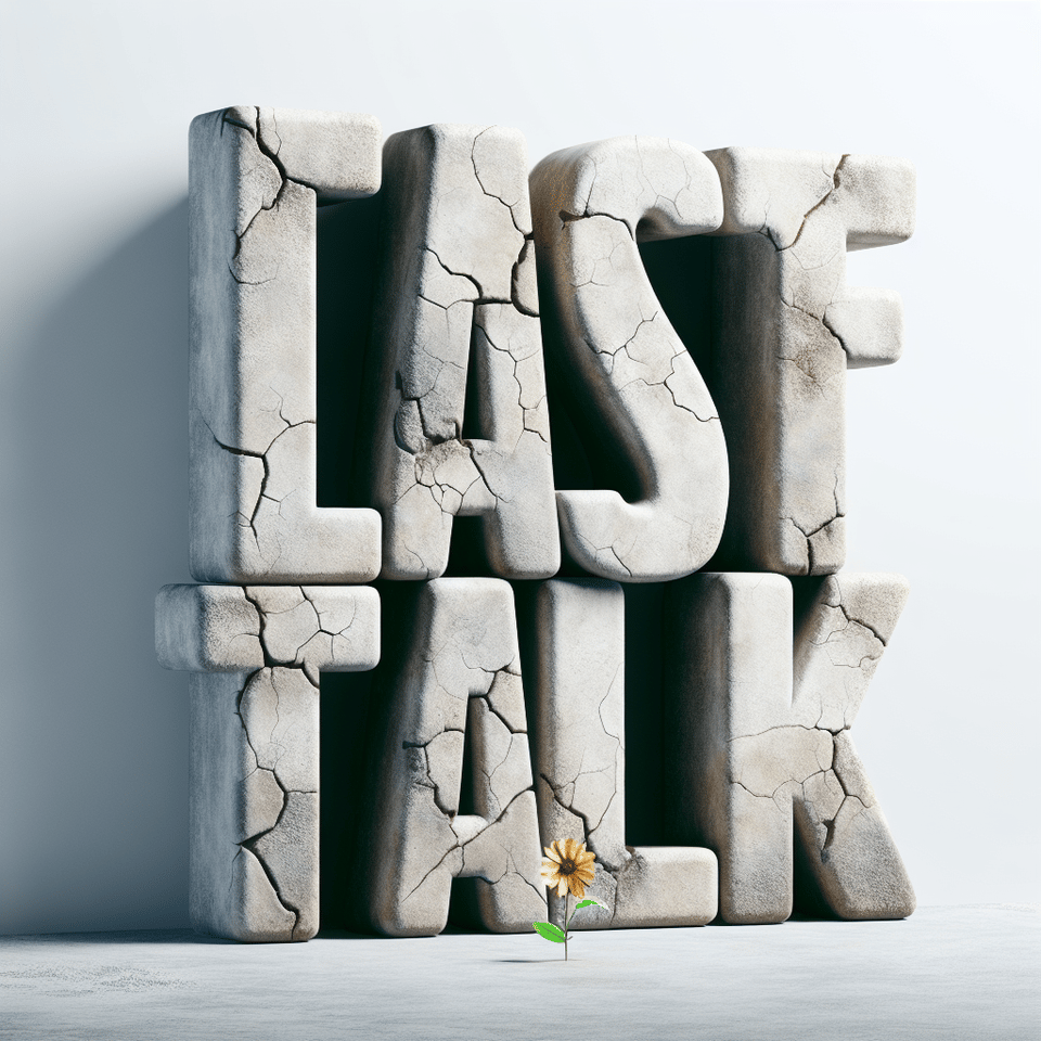 THE LAST TALK huge cracked cemented font with a tiny flower at the end. text effect image
