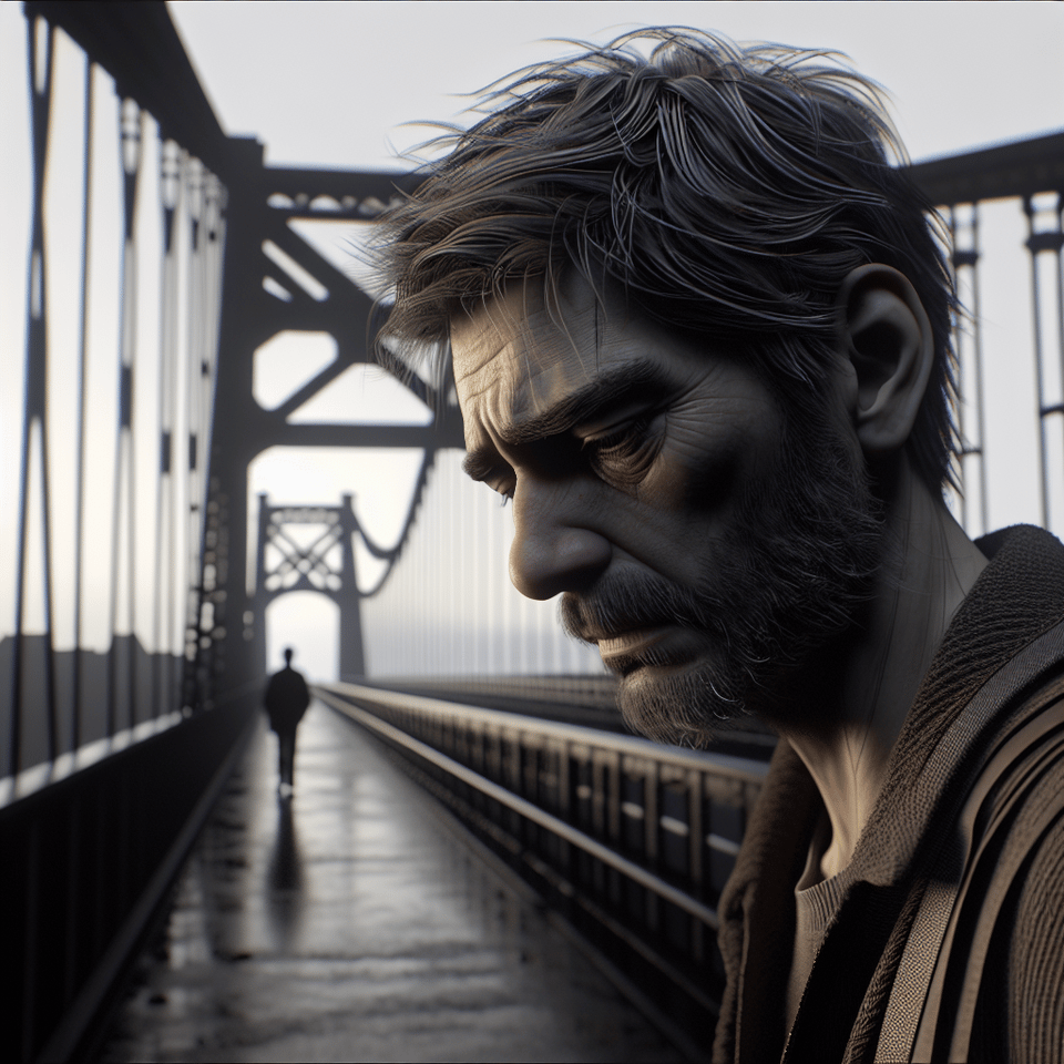 /imagine prompt: 3D, personality: A man named RYAN is standing on a bridge, his face filled with sorrow and regret. The camera slowly zooms in on him, capturing the emotion on his face unreal engine, hyper real --q 2 --v 5.2 --ar 16:9, cinematic text effect image