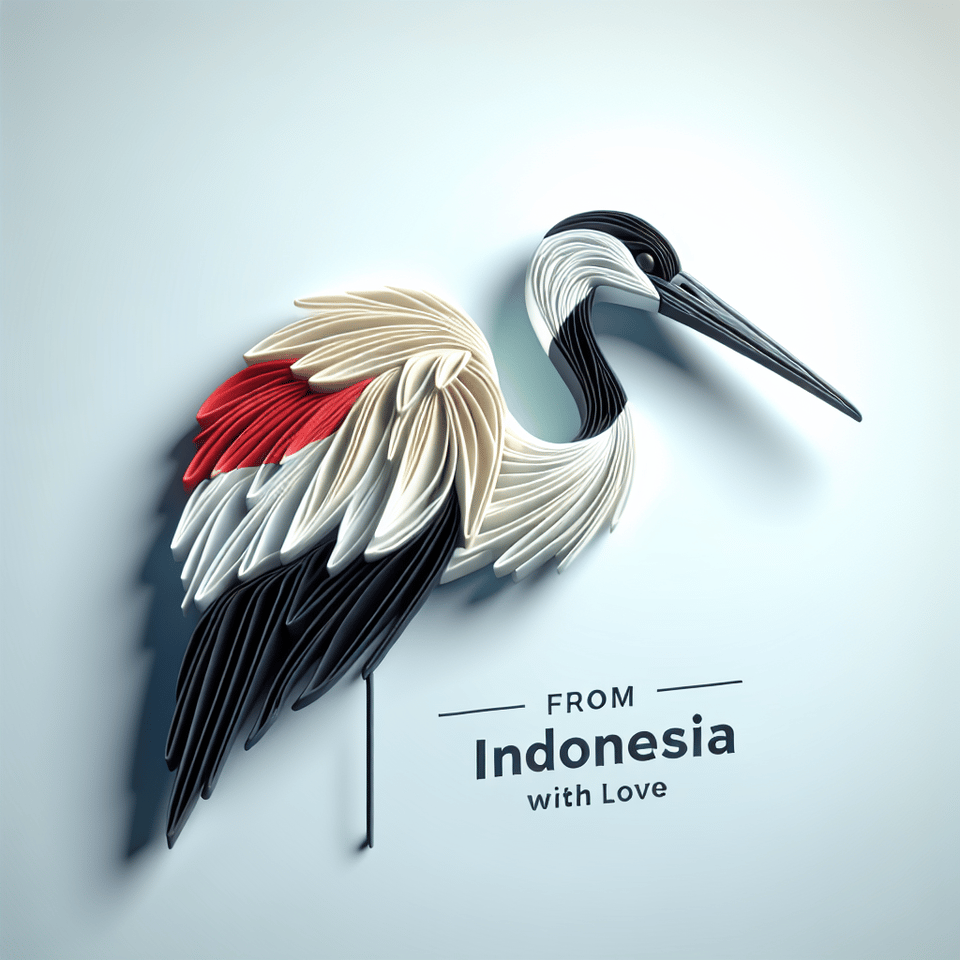 textИз Индонезии с любовью three-dimensional, made of crane bird white and black, gorgeous, with a light gradient background. text effect image
