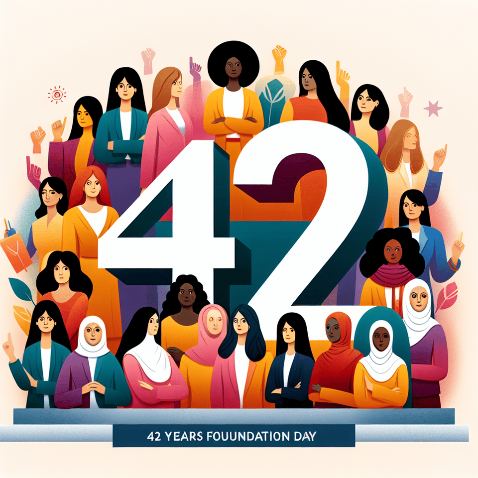 42 years foundation day with Women for empowered. make a social media post focusing on 42 numbers in women's structure. text effect image