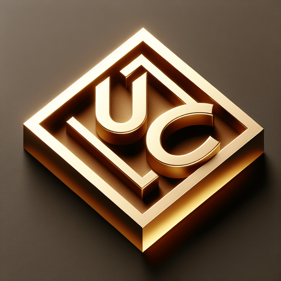 two letters U and C written on both sides of a 3d square. the color should be golden, the design should be modern text effect image