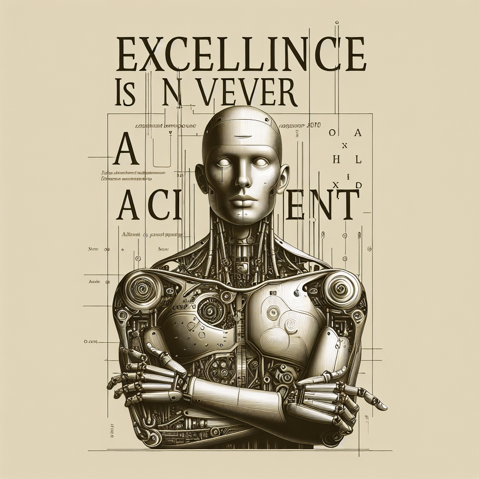 human robot in the protrait pose below it there should be a text saying the excellance is never an accident, typography, conceptual art text effect image