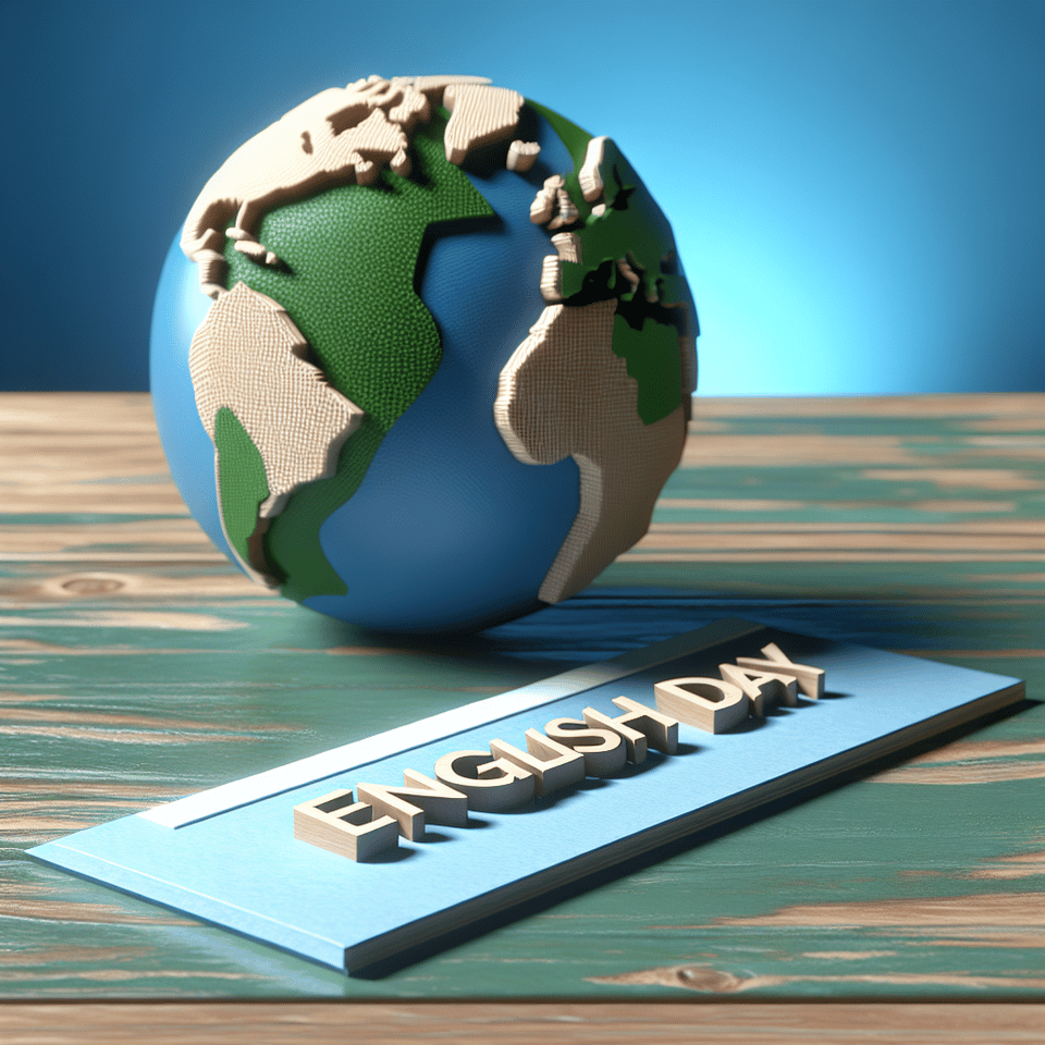 english day in 3d written on a table a earth beside the writtten erthh and blue background text effect image
