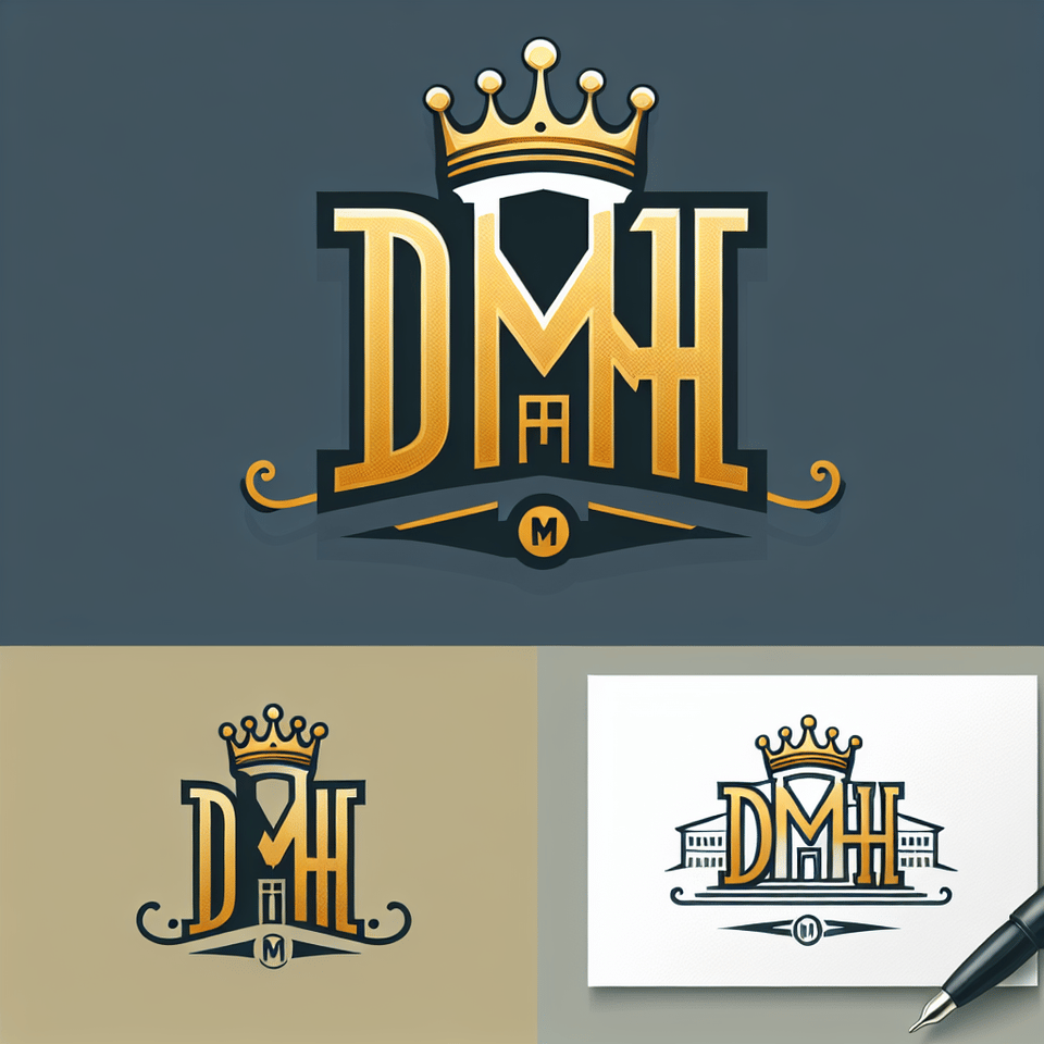 create logo with the combination of D M H letters for the nature of the business is Hall rental the image should contains a crown with golden color and a hall and it should illustrate D M H Letter text effect image