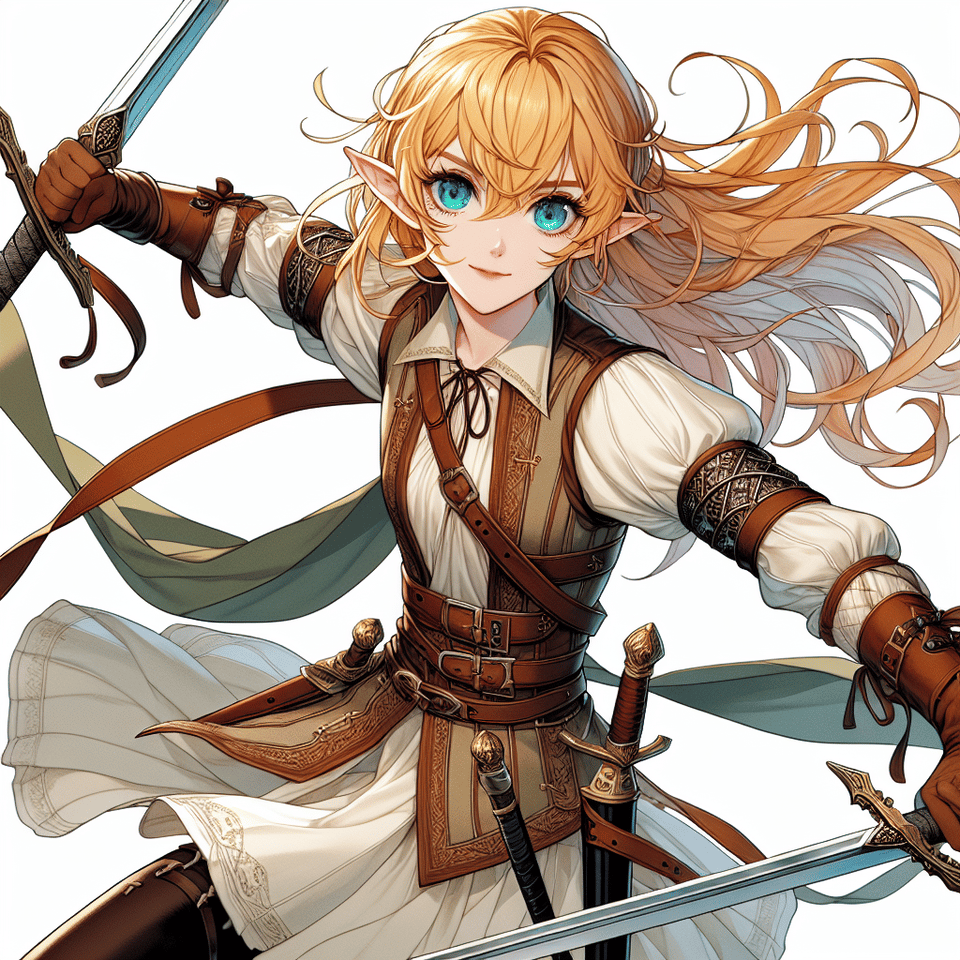 Middle ages, warrior, teen, two hand holding two sword, Middle ages, beauty face, wear light leather, full body, Gold hair, pointy ears, Aquamarine eyes, fighting stance, style of anime,, illustration text effect image