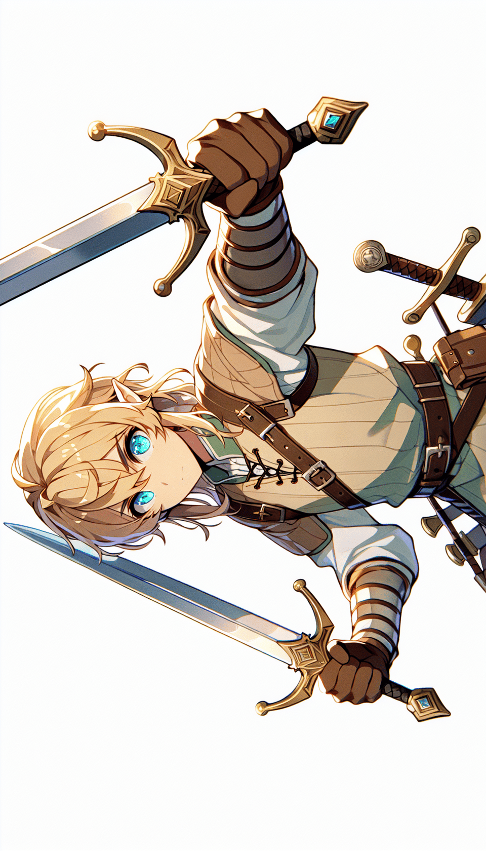 Middle ages, warrior, teen, two hand holding two sword, Middle ages, beauty face, wear light leather, full body, Gold hair, pointy ears, Aquamarine eyes, fighting stance, style of anime,, illustration text effect image