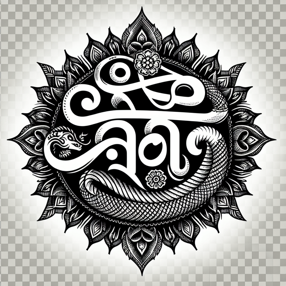 santhali Text snake with Indian ornamental elements around, lean design, transparent background text effect image