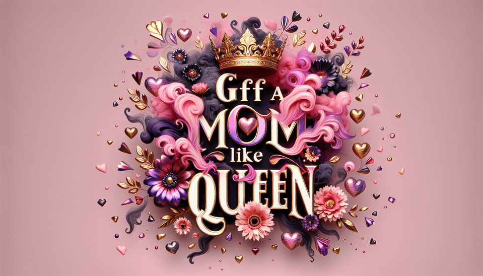 The name Gift your Mum like a Queen with smoke lightning stars IN DIFFERENT SHADES OF Pink and purple metalic and a golden crown, small hearts, assorted flowers text effect image