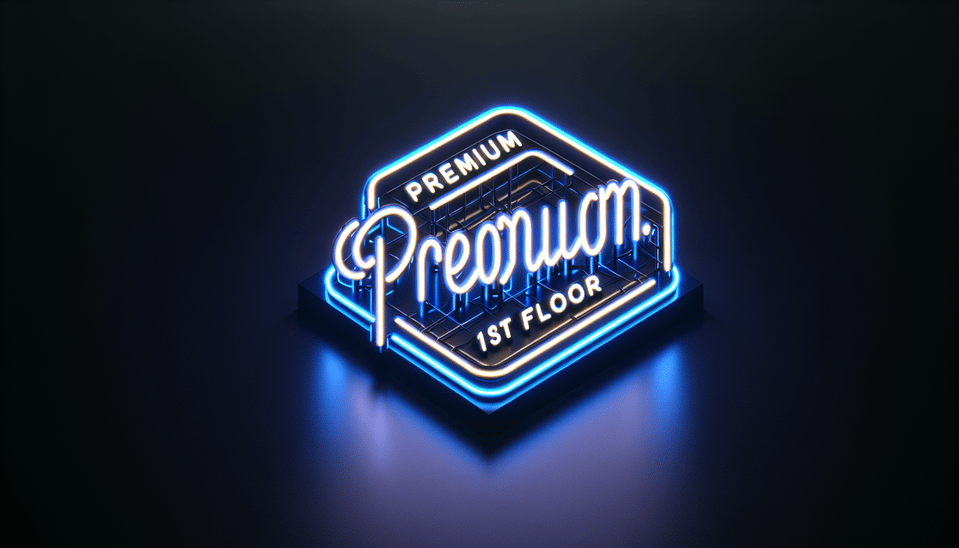 Premium products 1st floor, create this name to neon light banner,, 3d render, poster, cinematic text effect image