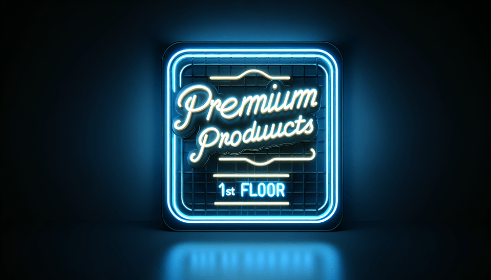 Premium products 1st floor, create this name to neon light banner, more simple , 3d render, poster, cinematic text effect image