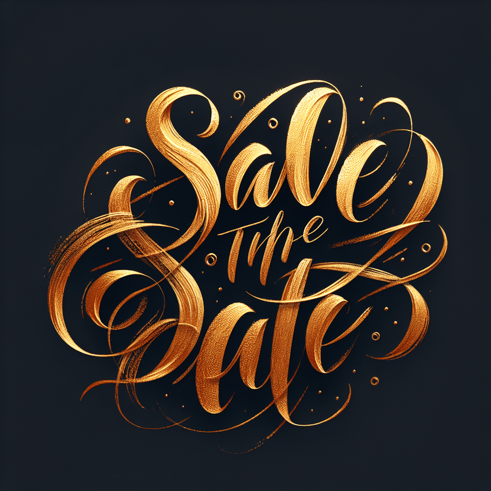 text Save the Date in golden calligraphy with a transparent background , painting text effect image