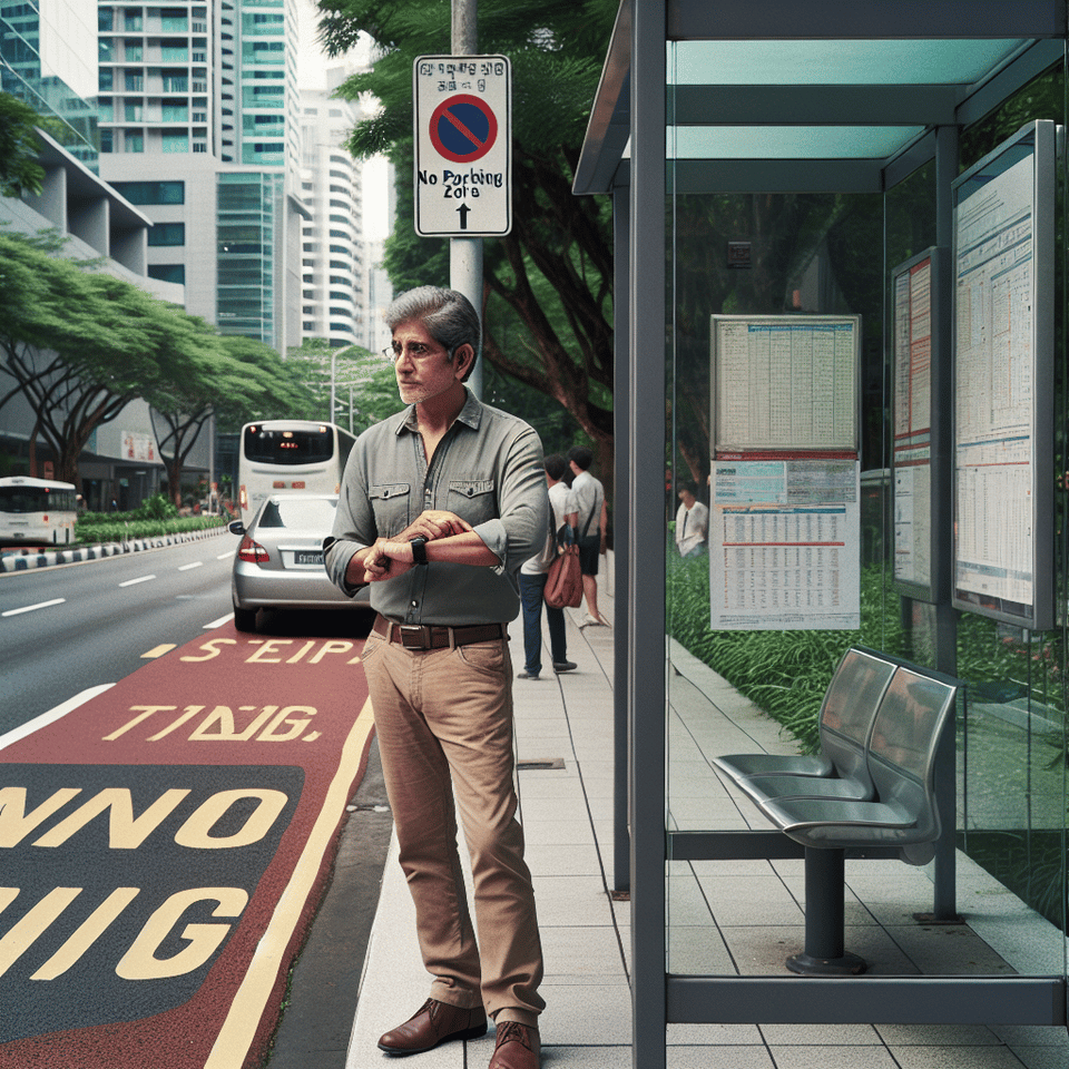 a man waiting for a bus in a no parking zone text effect image