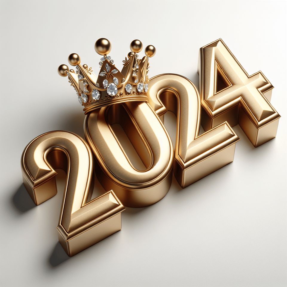 text 2024 golden luxury text effect with crown and diamond on white background, 3d render text effect image