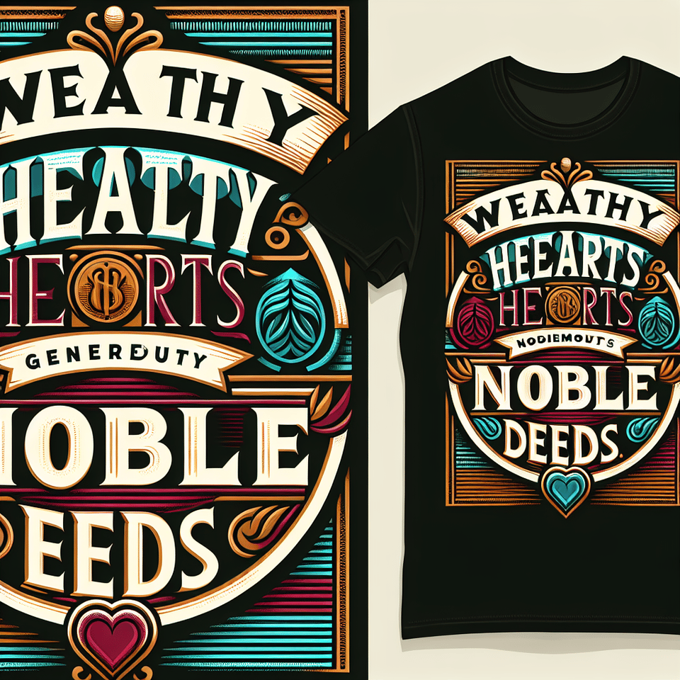 Generate an image, for a t-shirt design with the text Wealthy Hearts Noble Deeds. in multi color. Remember this is not a people image. text effect image