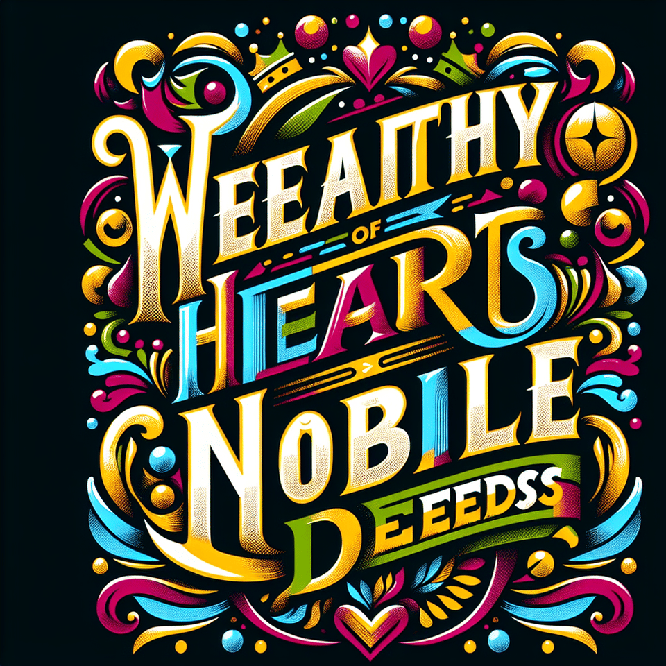 Generate an image, for a t-shirt design with the text Wealthy Hearts Noble Deeds. in multi color. Remember this is not a people image., poster, cinematic, illustration, 3d render, typography, photo, painting, fashion, portrait photography, dark fantasy, anime, product, ukiyo-e, graffiti, architecture, vibrant, wildlife photography, conceptual art text effect image