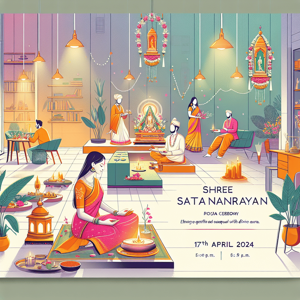 Dear Smartads Family,,,At the auspicious occasion of the Ramnavmi, we delightfully invite you to a Shree Satyanarayan Pooja ceremony at our workplace with your families, which will be held on 17th April 2024 at 5:00 p.m.,,Dress Code for occasion :,Girls - Saree,Boys - Kurta,,Let us gather to offer prayers for prosperity, success, and harmony in our workplace. This ceremony symbolizes our unity, shared goals, and respect for diverse cultural traditions.,,Thanks & Regards text effect image
