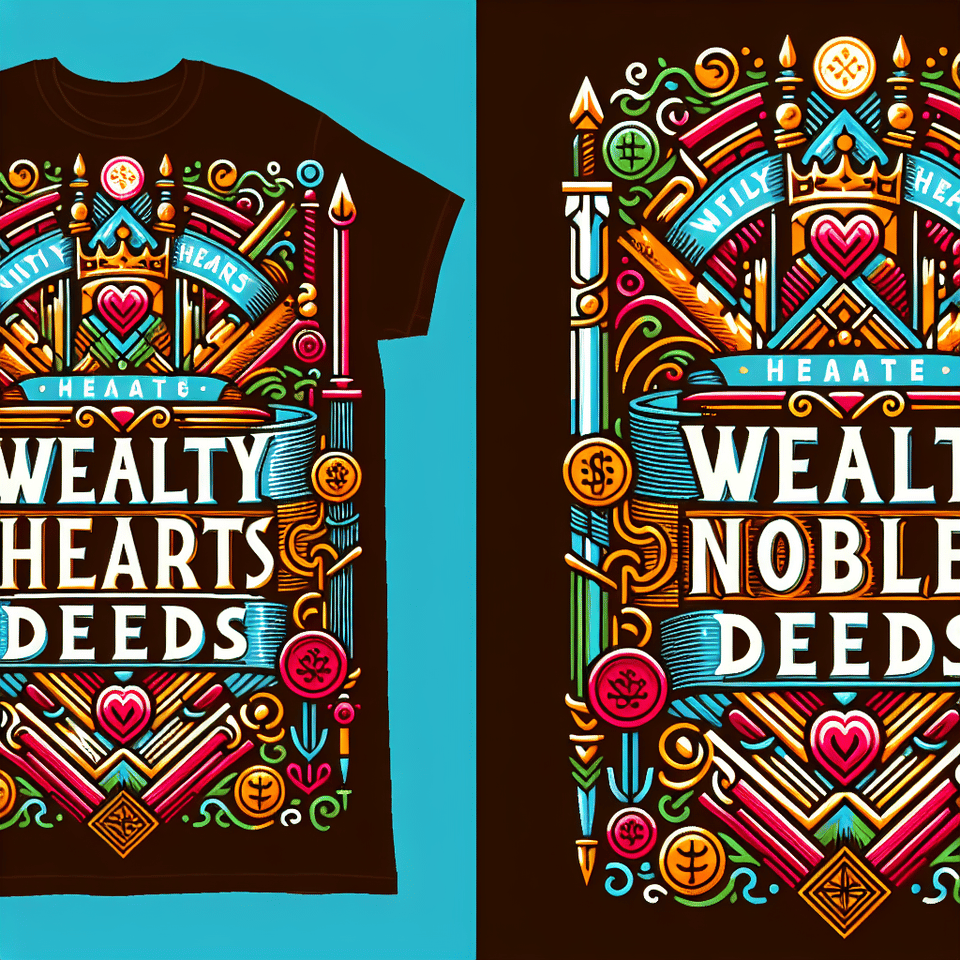 Generate an image, for a t-shirt design with the text Wealthy Hearts Noble Deeds. in multi color. Remember this is not a people image., painting text effect image