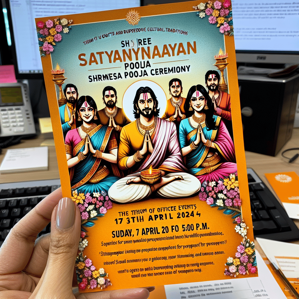 Dear Smartads Family,,,At the auspicious occasion of the Ramnavmi, we delightfully invite you to a Shree Satyanarayan Pooja ceremony at our workplace with your families, which will be held on 17th April 2024 at 5:00 p.m.,,Dress Code for occasion :,Girls - Saree,Boys - Kurta,,Let us gather to offer prayers for prosperity, success, and harmony in our workplace. This ceremony symbolizes our unity, shared goals, and respect for diverse cultural traditions.,,Thanks & Regards text effect image