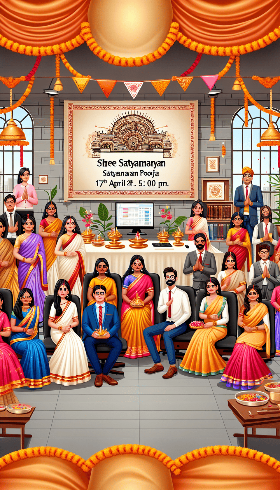 Dear Smartads Family,,,At the auspicious occasion of the Ramnavmi, we delightfully invite you to a Shree Satyanarayan Pooja ceremony at our workplace with your families, which will be held on 17th April 2024 at 5:00 p.m.,,Dress Code for occasion :,Girls - Saree,Boys - Kurta,,Let us gather to offer prayers for prosperity, success, and harmony in our workplace. This ceremony symbolizes our unity, shared goals, and respect for diverse cultural traditions.,,Thanks & Regards text effect image