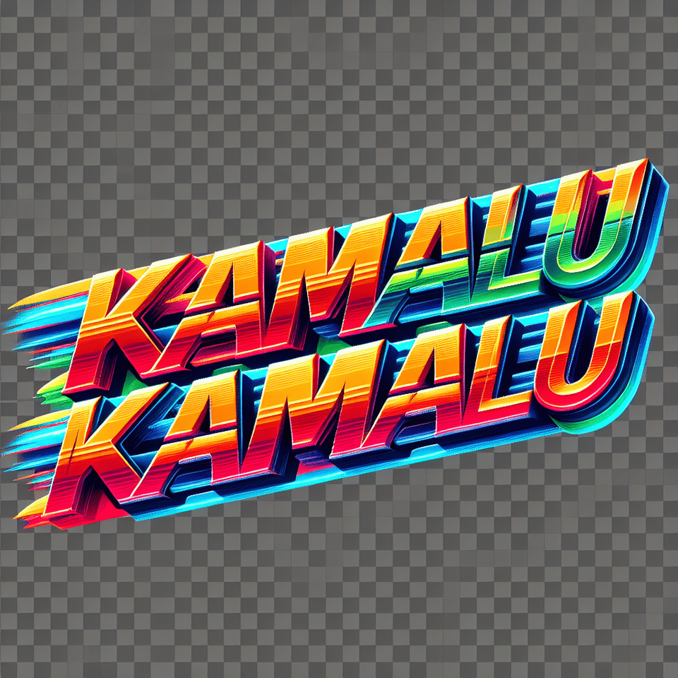 Text KAMAALU KAMAALU colorful 3d text and transparent background, Realistic detailed view. Racing video game style text effect image