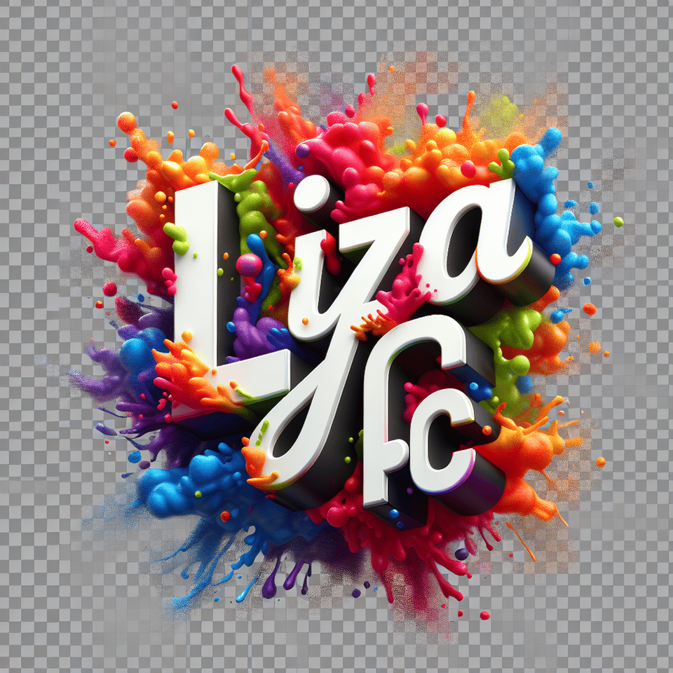 Text LIZA PCcolorful splash 3d text and smoky transparent background, Realistic detailed view. text effect image