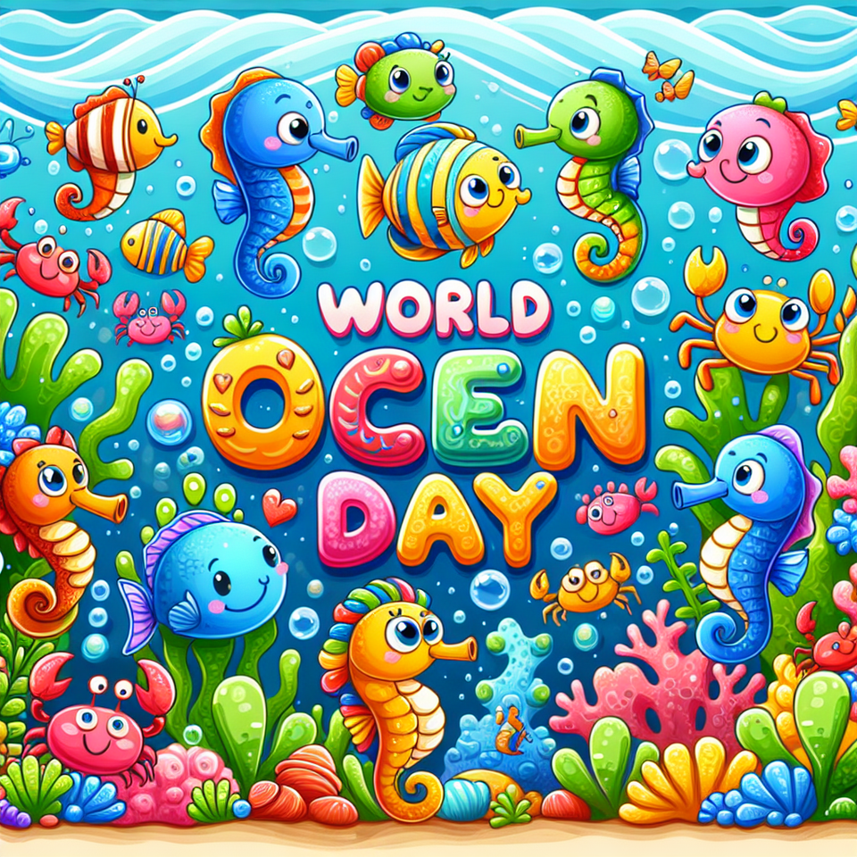 write world ocean day using cute fish,crabs, snake, seahorse etc text effect image