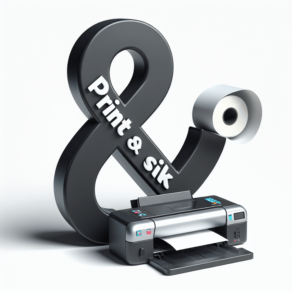 the words print & stick with the ampersand being a roll of paper coming out of a digital printer text effect image