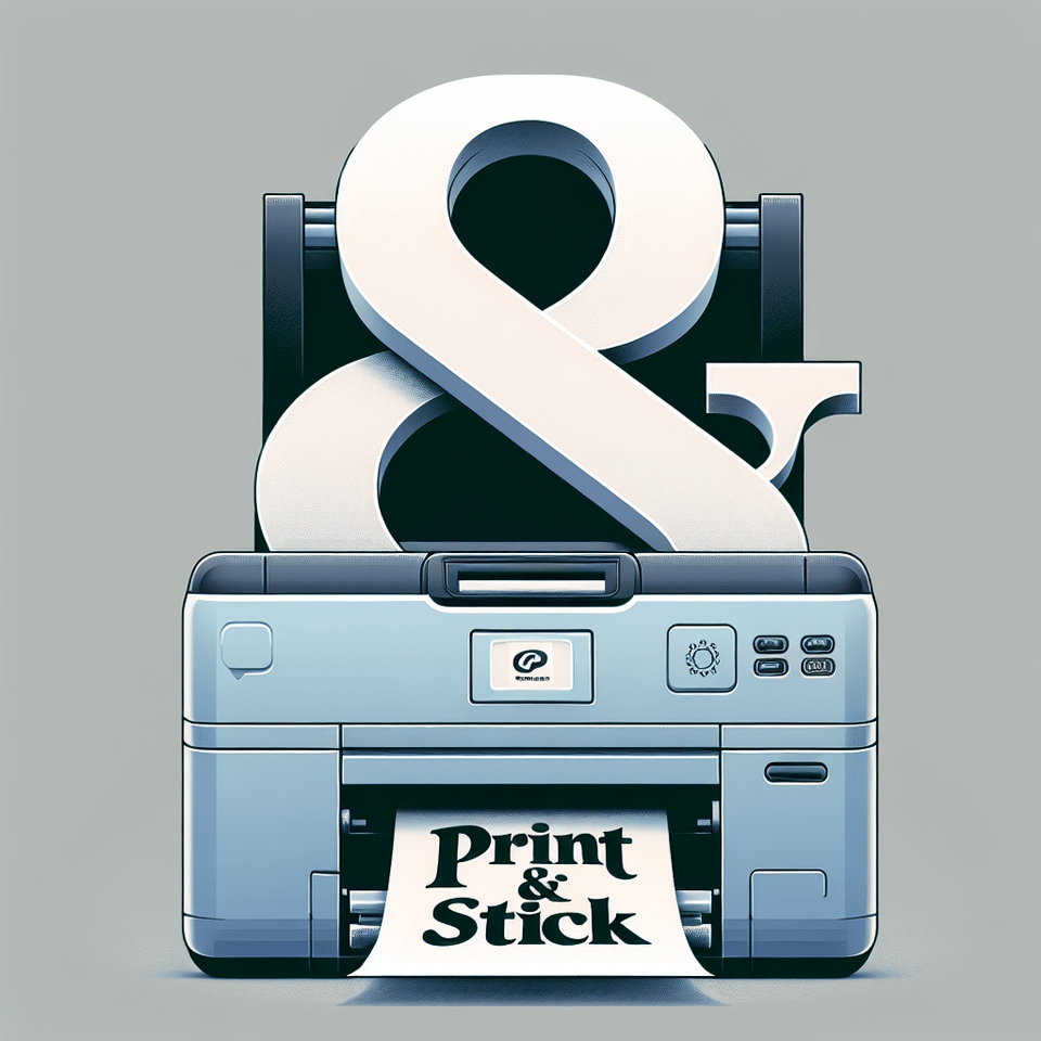 the words print & stick with the ampersand being a roll of paper coming out of a digital printer, typography text effect image