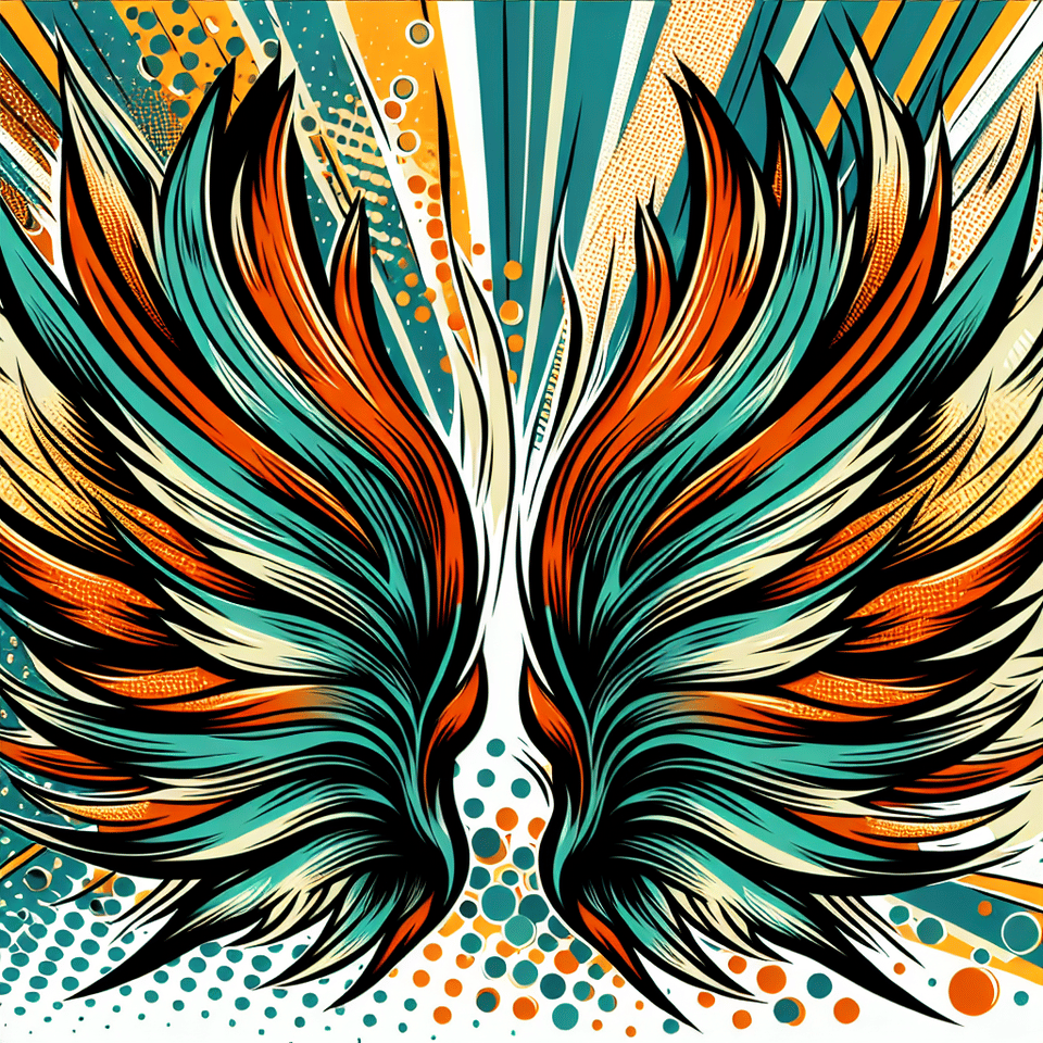 Wings graphic comic style effect in orange teal yellow on white background text effect image