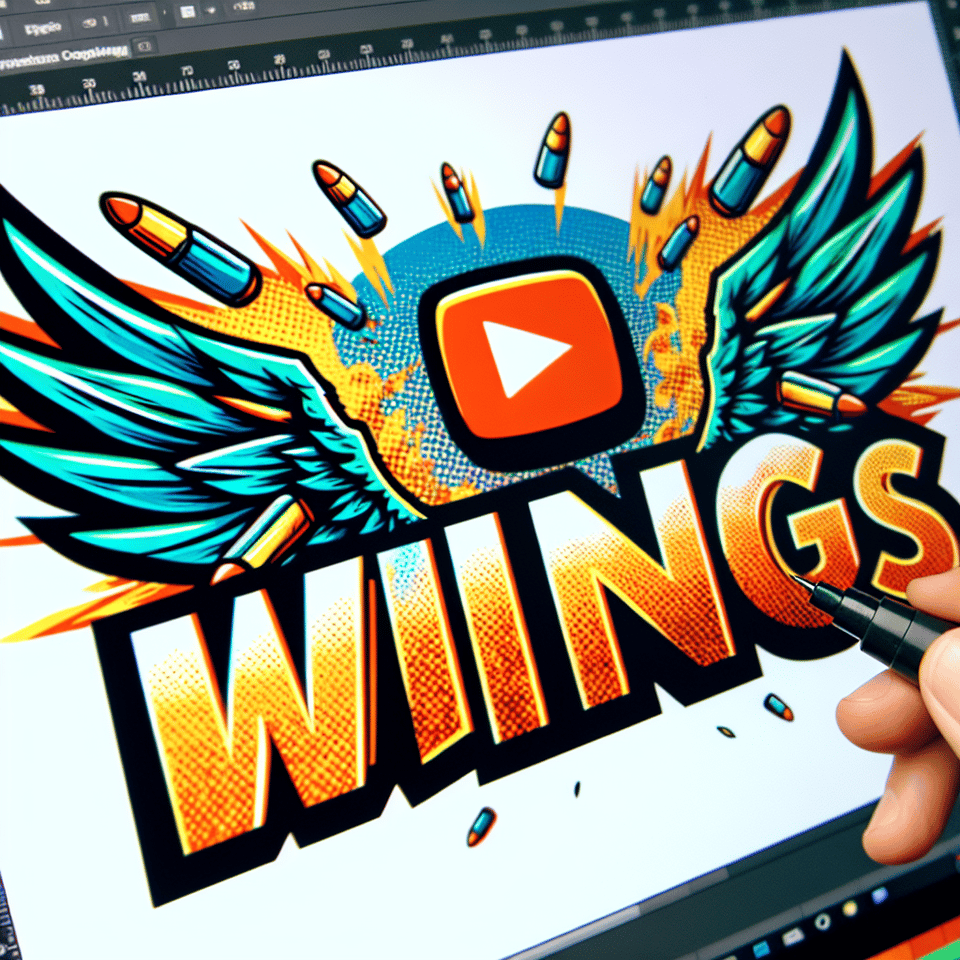 Wings graphic comic style effect in orange teal yellow on white background YouTube thumbnail dimension text effect image