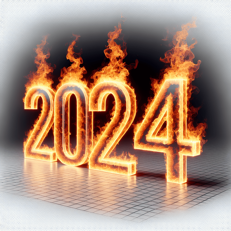 text 2024 year lettering made from bright fire flames on transparent on white background, cinematic, 3d render, typography text effect image