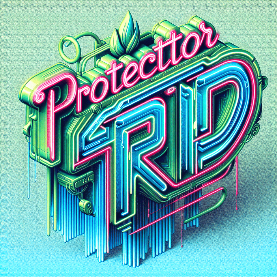 Text PROTECTOR OF FARM cyberpunk style, three-dimensional, Neon effect, fluid within text, light background text effect image