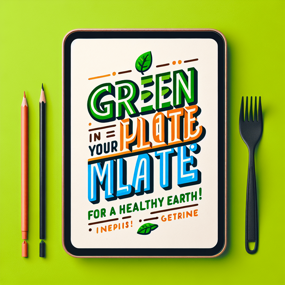 Green in your plate, for a healthy Earth, mate! to be written in poppins font on and a one line sentence but should look very eye catching and interesting to read, typography text effect image