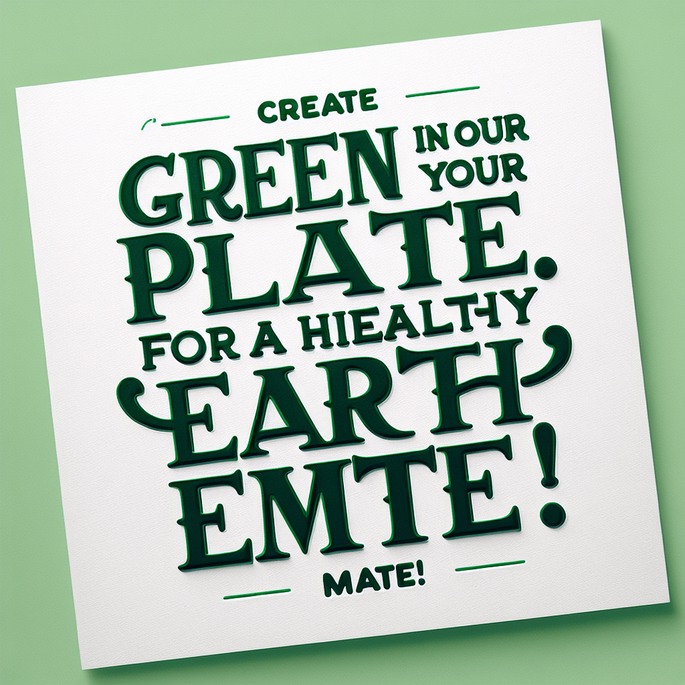Green in your plate, for a healthy Earth, mate! to be written in poppins font only and a one line sentence but should look very eye catching and interesting to read, typography text effect image
