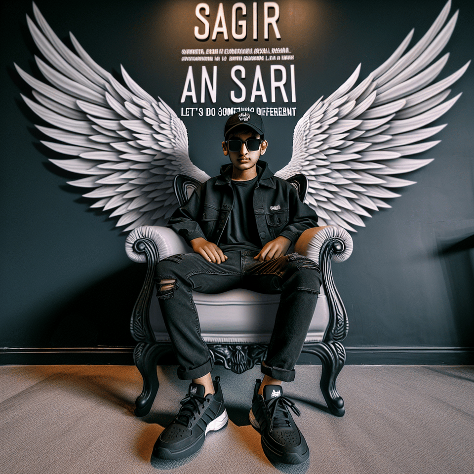 Create a 3D illusion for a Instagram profile picture where a boy in a Black denim sits casually on a king Chair. Wearing sneakers, a black cricket cap, and sunglasses, he looks ahead. The background features SAGIR ANSARI in big and capital white fonts on the black wall. Site Let's Do Something Different. There should not be his shadow, and there are wings to make it appear as if he is an angel. text effect image
