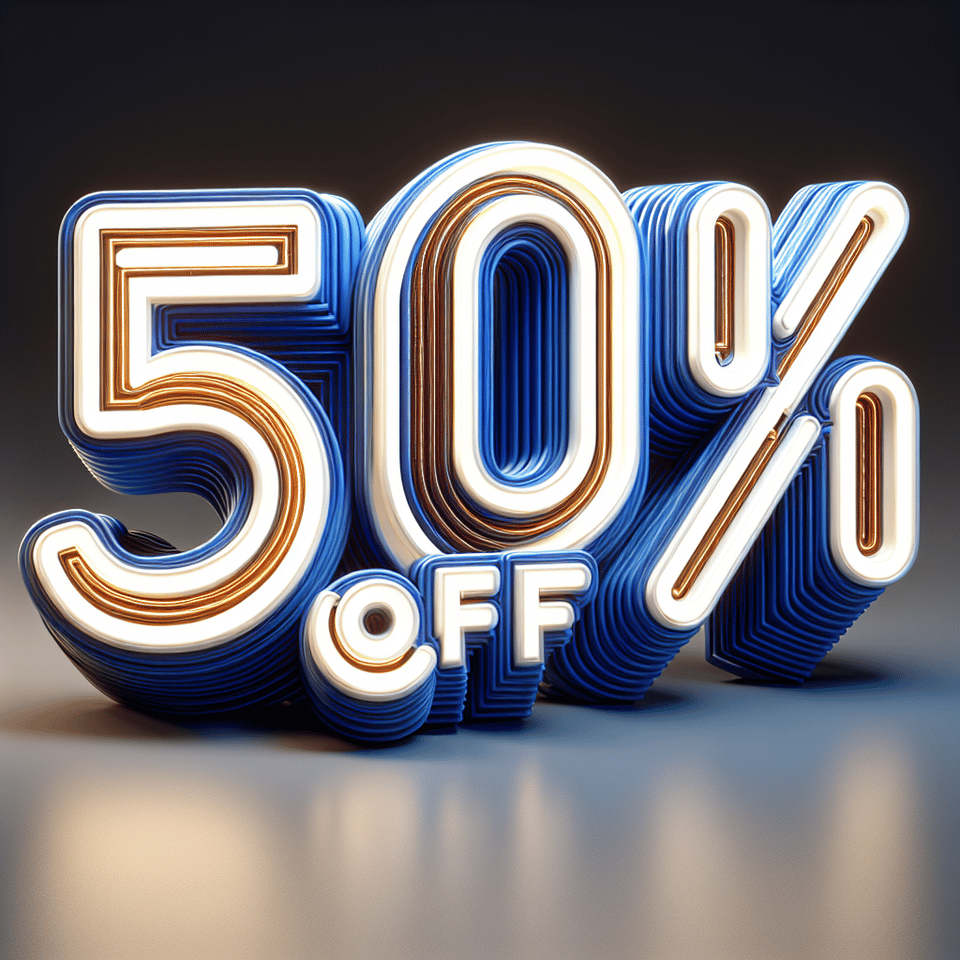 3D rendering of 50% OFF text with huge bright font in cobalt blue and white with etched gold lines on each letter. text effect image