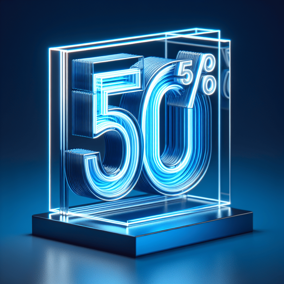 3D rendering of 50% OFF text glass effect with hint of electric blue front on perspective text effect image